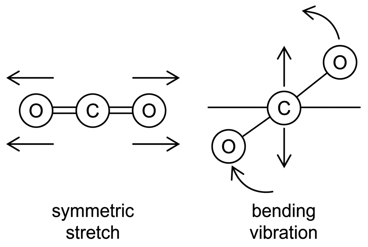 Two labelled sketches of a linear carbon dioxide molecule showing a symmetric stretching mode and a bending mode. The sketches should indicate atom positions and motion arrows but should not state which mode is infrared active.