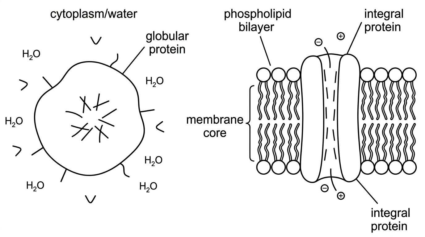 A two-panel biological diagram. Left panel: compact globular protein surrounded by water/cytoplasm, with generic surface residues and core residues indicated but not named as polar or non-polar. Right panel: phospholipid bilayer with an integral transmembrane protein crossing the membrane, showing a central channel and the hydrophobic membrane core. Labels should identify cytoplasm/water, phospholipid bilayer, membrane core, globular protein and integral protein.