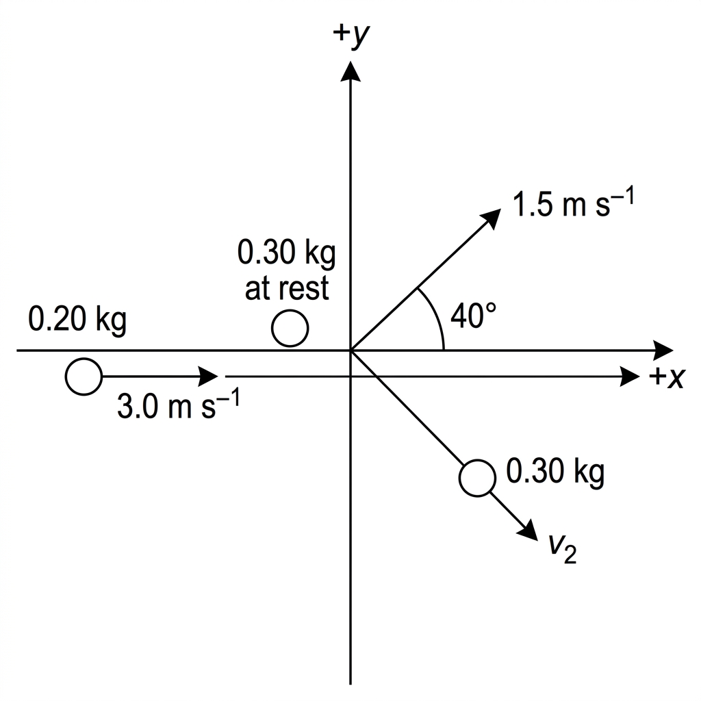 A plan-view vector diagram for an off-centre collision on an air table. The incident puck velocity is along the positive x-axis. After collision one puck has a labelled velocity above the x-axis, while the second puck leaves below the x-axis with unknown speed and direction.