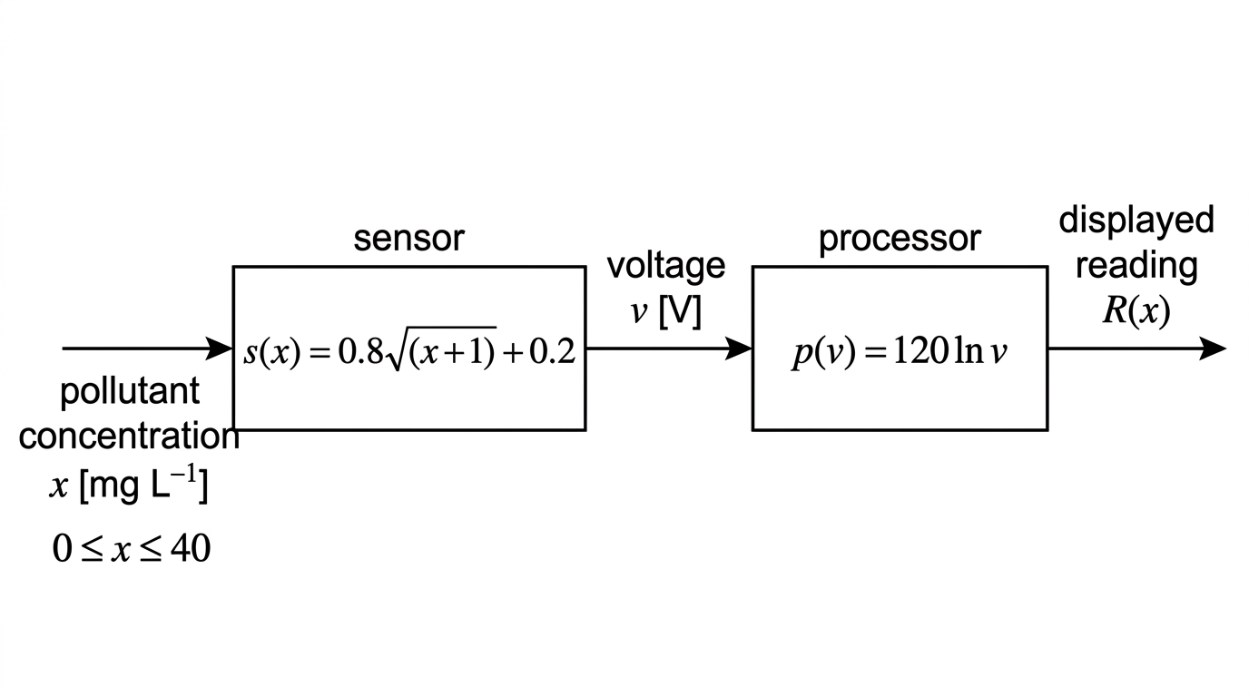 A flowchart showing pollutant concentration x entering the sensor function s, followed by voltage entering the processor function p, producing the displayed reading R.