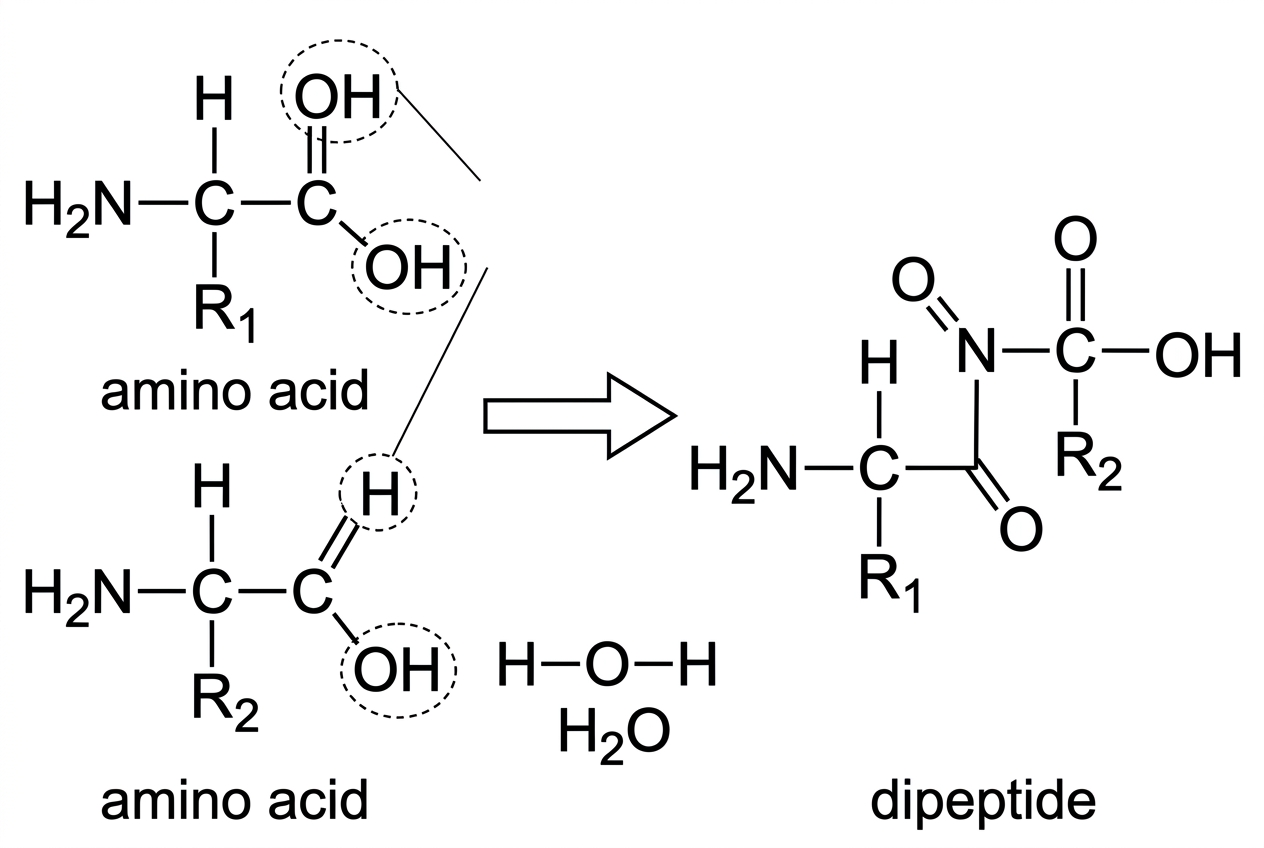 A two-stage reaction diagram. The first stage shows two generalized amino acids side by side with the carboxyl group of one amino acid adjacent to the amine group of the second amino acid. Specific atoms from the carboxyl and amine groups are highlighted as being removed. The second stage shows a generalized dipeptide with two R-groups and one newly formed bond between the carbonyl carbon of the first residue and the nitrogen of the second residue. Labels indicate reactants, product and released small molecule, but do not name the bond type.