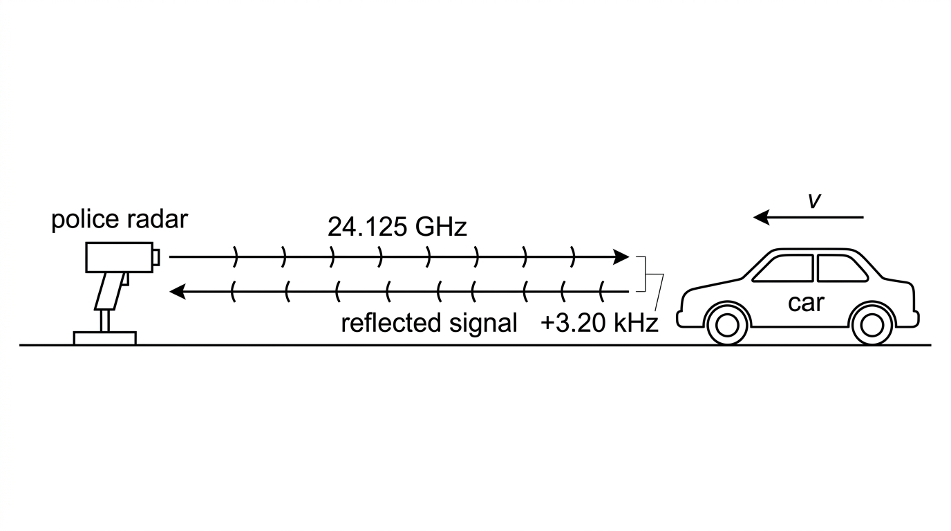 A radar gun sends microwave wavefronts along a straight road towards an approaching car. A reflected wave returns to the radar gun and is shown as having a slightly higher frequency than the transmitted wave. The incident and reflected beams are shown along the same line.