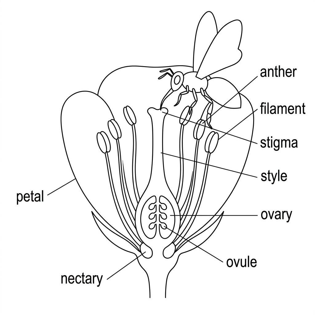 Half-view diagram of an insect-pollinated flower showing petals, nectary, anther, filament, stigma, style, ovary and ovules, with an insect positioned so it contacts anthers and stigma.