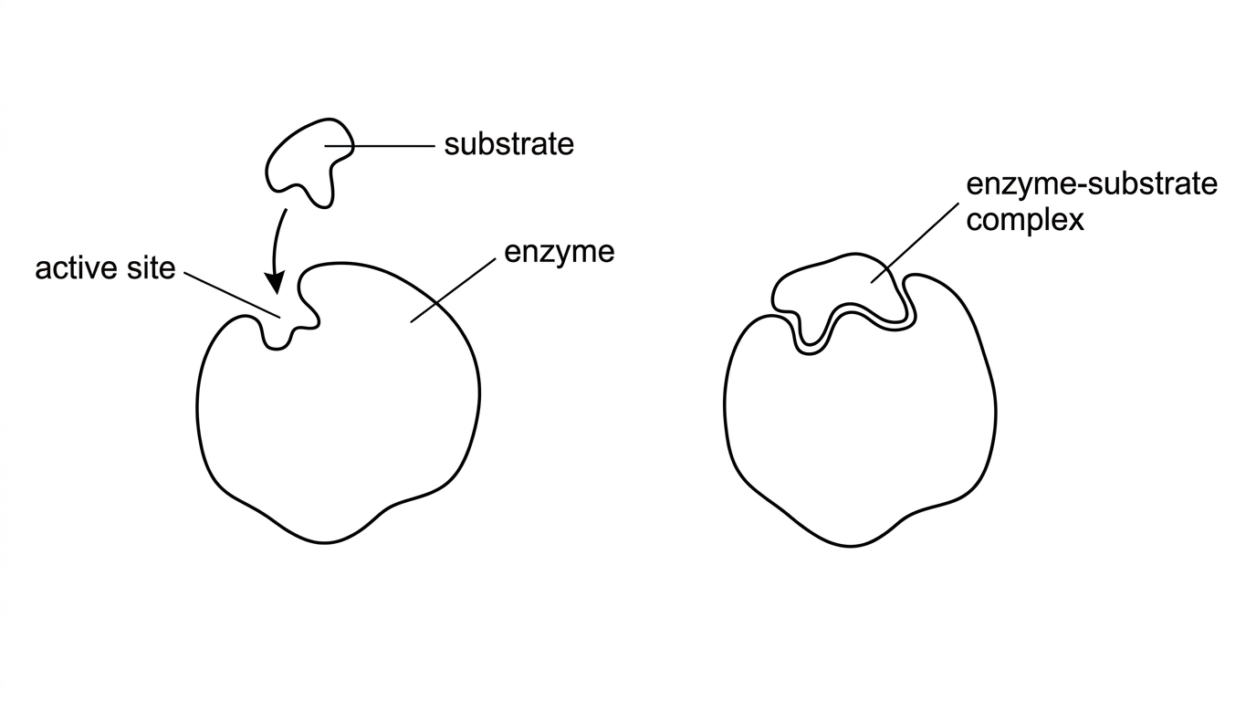 An IB-style diagram of a globular enzyme before and after substrate binding. The enzyme is shown as a compact folded shape with a small active-site pocket. A substrate approaches the pocket in the first panel and is bound in the second panel. The second panel shows a slight change in shape of both the active-site region and substrate. Labels include enzyme, substrate, active site and enzyme-substrate complex.