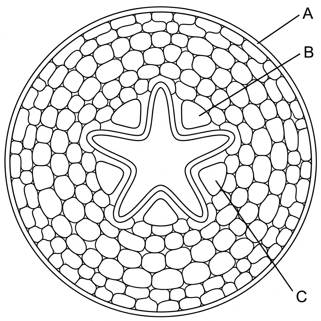 Plan-style transverse section of a dicot root showing outer epidermis, broad cortex, central star-shaped vascular tissue and smaller tissue regions between the arms; use labels A, B and C only.
