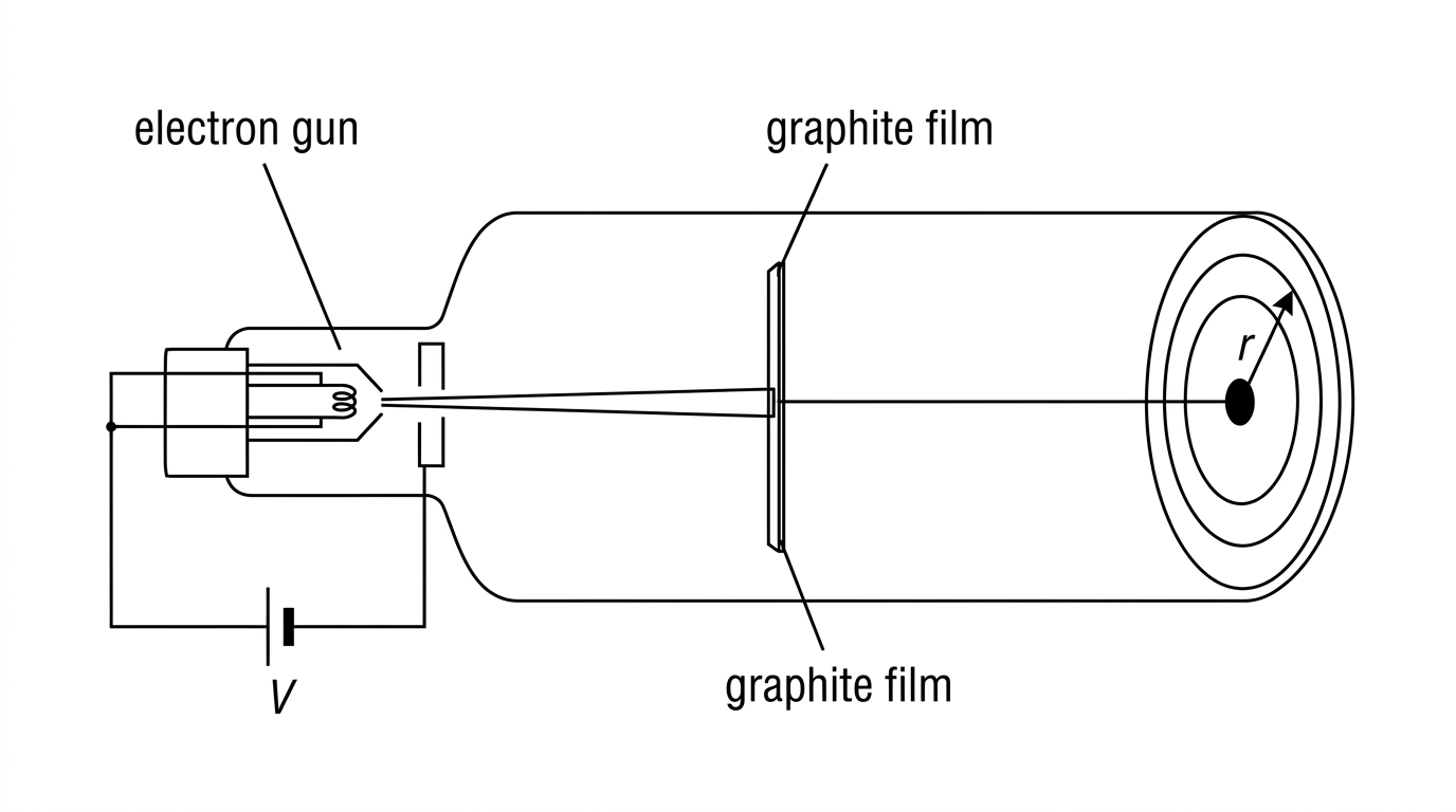 An electron diffraction tube showing an electron gun, an accelerating potential difference, a thin graphite target and a fluorescent screen with concentric diffraction rings. The accelerating voltage is labelled V, and the ring radius is shown from the central spot to one ring.