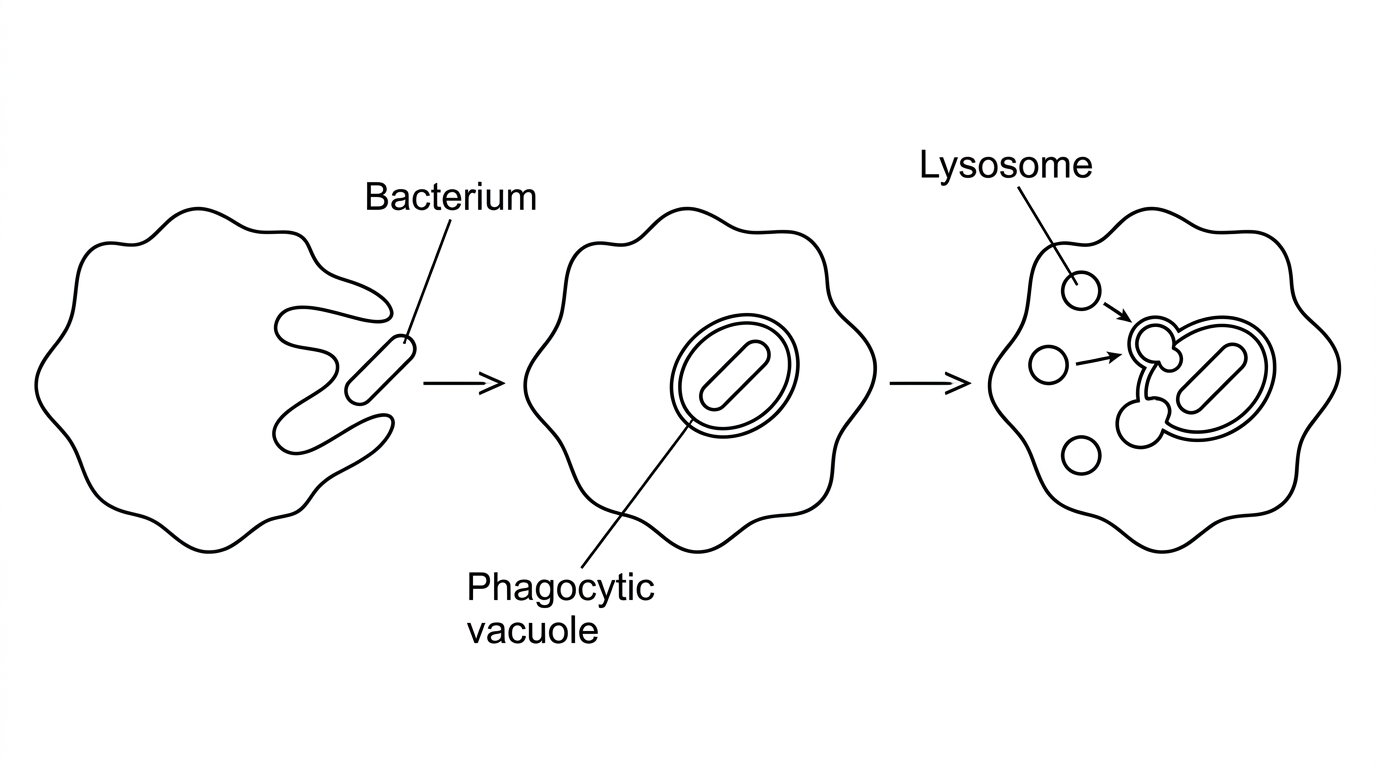 A sequence diagram of a phagocytic cell extending around a bacterium, forming an internal phagocytic vacuole, and several small lysosomes moving toward and fusing with the vacuole. Labels should include bacterium, phagocytic vacuole and lysosome, but not state the advantages of compartmentalization.