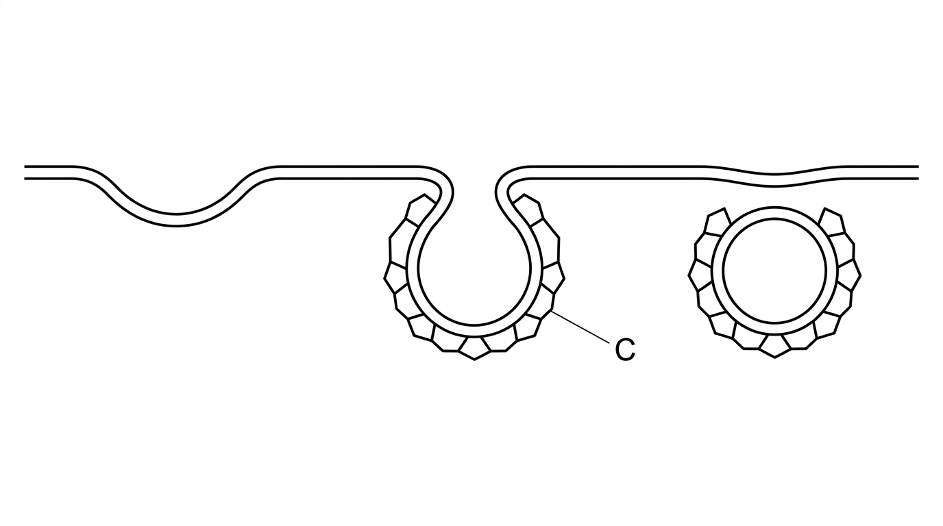 Diagram of a plasma membrane invaginating into the cytoplasm with a polygonal coat on the cytoplasmic side labelled C, showing stages from shallow pit to pinched-off vesicle without naming clathrin.