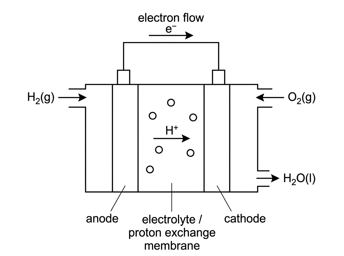 Schematic of an acidic hydrogen fuel cell showing anode, cathode, external circuit, electron flow through the wire, hydrogen feed at the anode, oxygen feed at the cathode, ion movement through the electrolyte, and water as product. The diagram should not include half-equations.