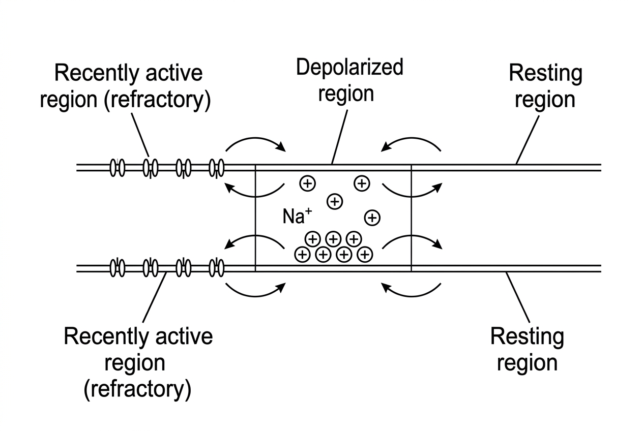 A longitudinal diagram of an axon with three adjacent membrane regions. The middle region is depolarized with sodium ions shown inside, while the regions on either side remain at resting potential. Arrows show local ion movement inside and outside the axon, and one side is indicated as recently active/refractory. The diagram should not state the direction of propagation.
