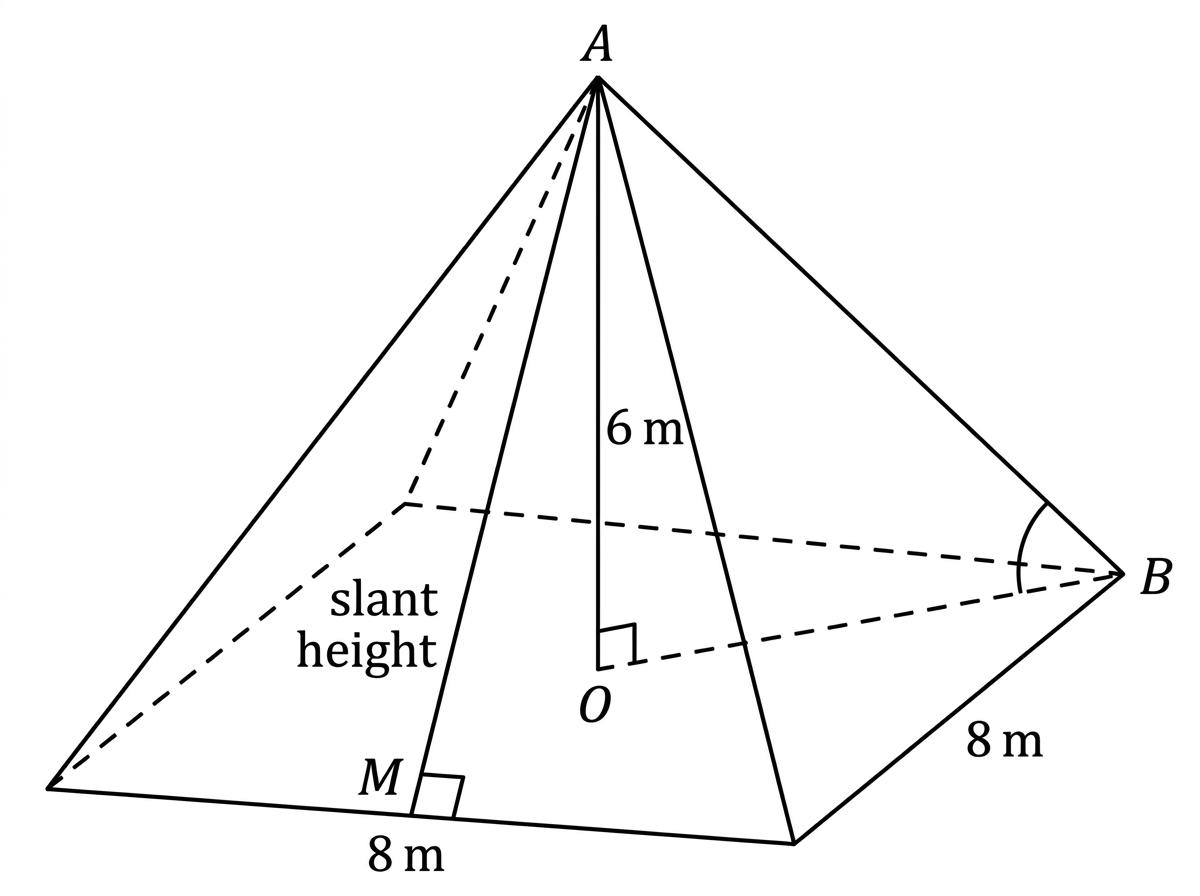 A right square-based pyramid with its apex above the centre. The vertical height, a face slant height and a line from the apex to a base vertex are shown.