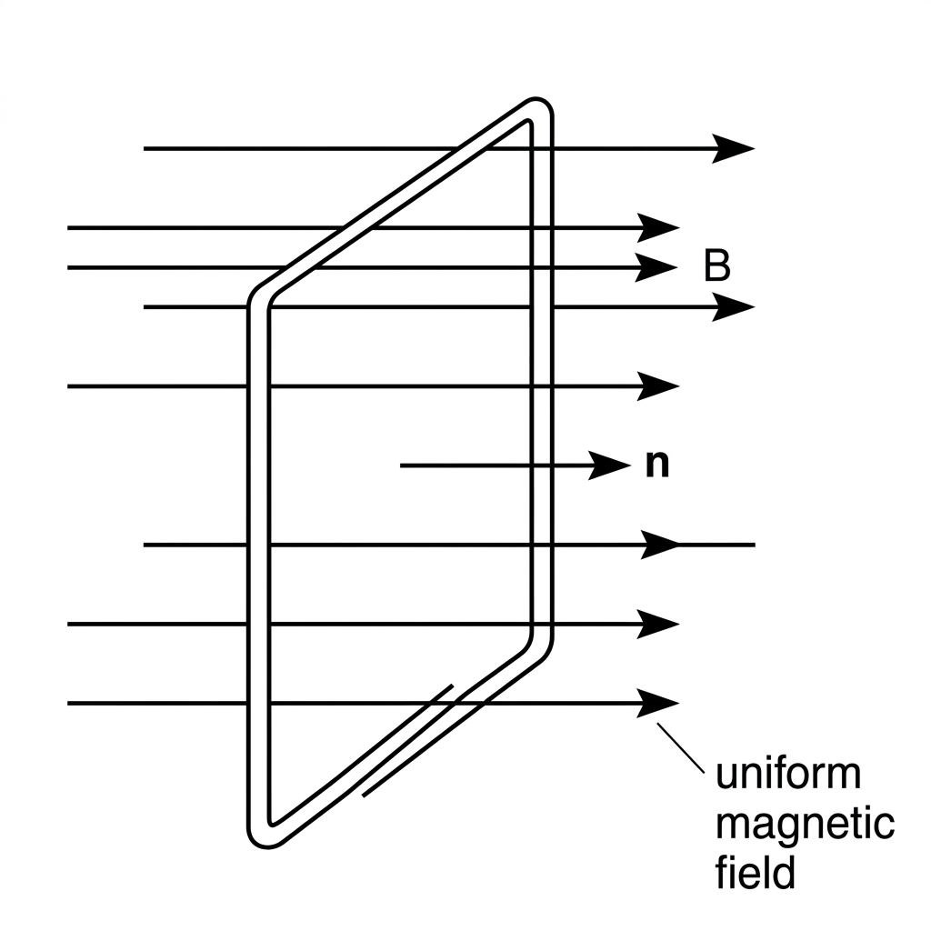 Diagram of a rectangular coil in a uniform magnetic field at the orientation where the coil normal is parallel to the field. Show the magnetic field direction and a normal vector to the coil face. Do not show any induced emf value.