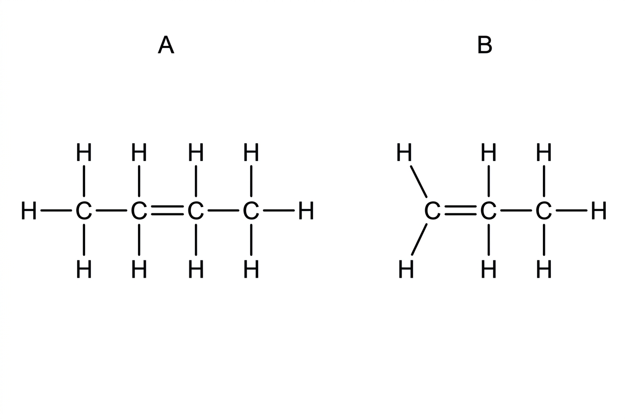 Two displayed structural formulae shown side by side and labelled A and B. A is but-2-ene with the carbon-carbon double bond between the two middle carbons and one hydrogen plus one methyl group attached to each double-bond carbon. B is propene with one double-bond carbon attached to two hydrogen atoms and the other attached to hydrogen and methyl. No cis or trans arrangement is shown.