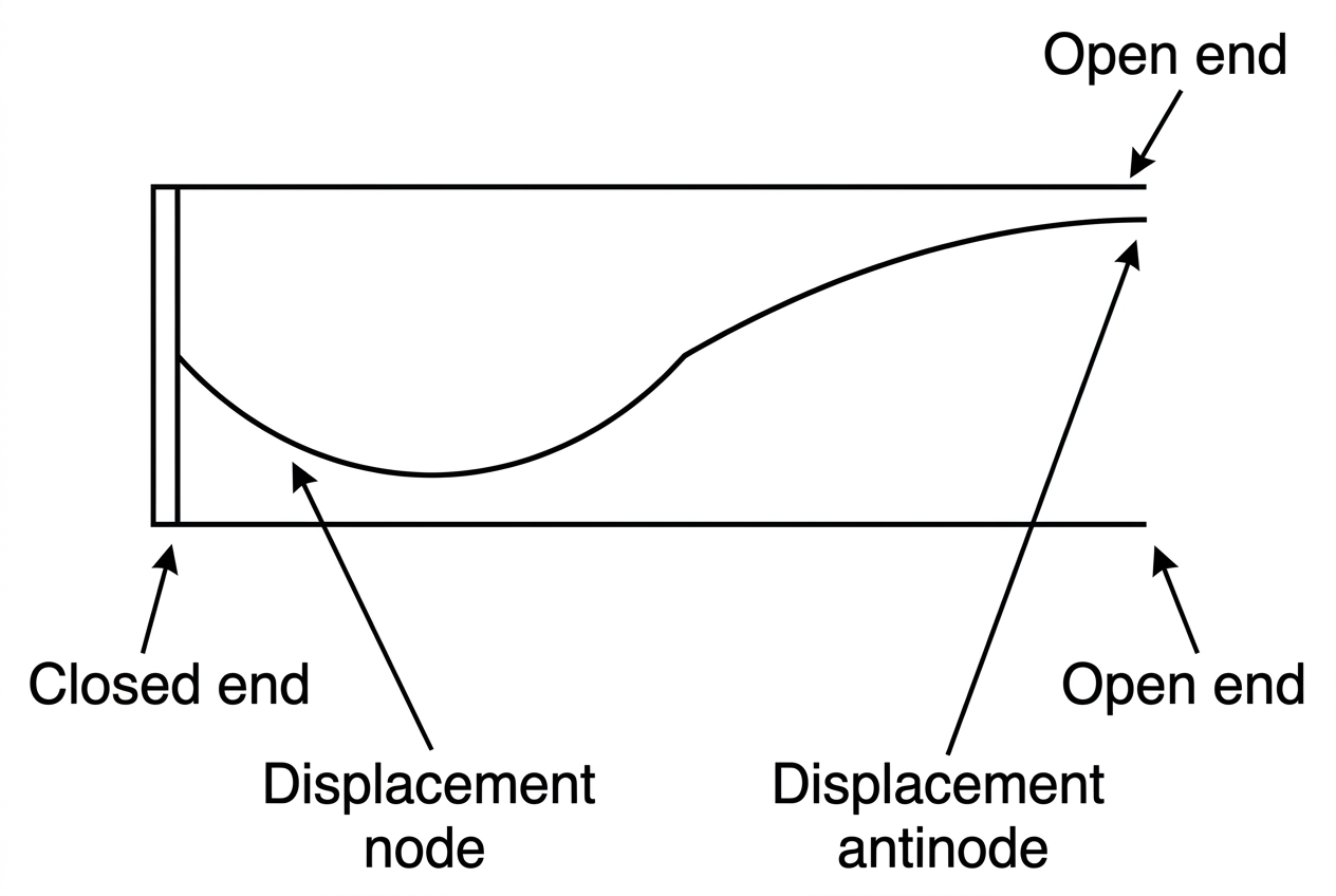 A straight horizontal pipe with a closed end on the left and an open end on the right. A displacement standing-wave curve is drawn along the pipe axis for the lowest-frequency mode, showing zero displacement at the closed end and maximum displacement at the open end. Labels identify the closed end, open end, displacement node and displacement antinode without giving the wavelength value.