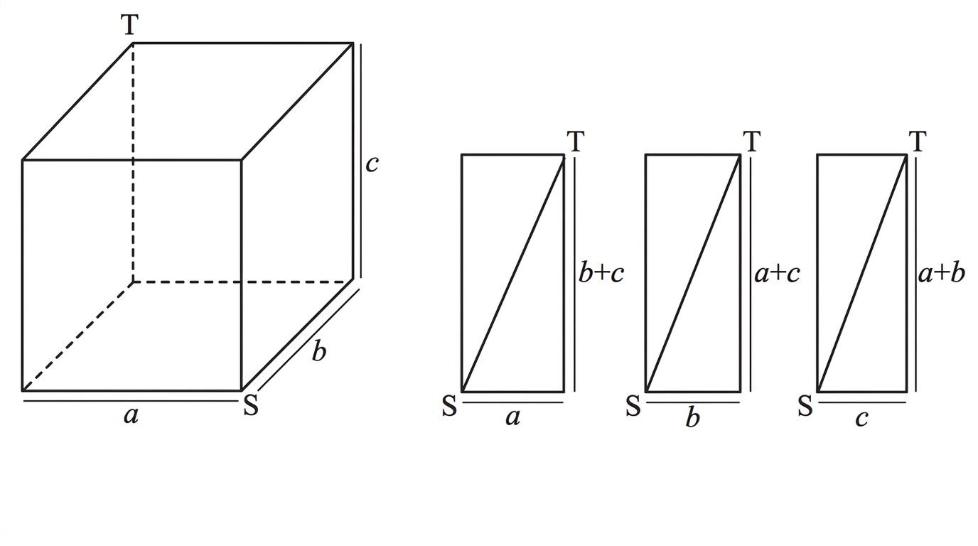 A rectangular cuboid with opposite vertices marked S and T. Three possible unfoldings are indicated schematically: rectangles with side lengths a and b+c, b and a+c, and c and a+b, each showing a straight-line path across the unfolded rectangle.