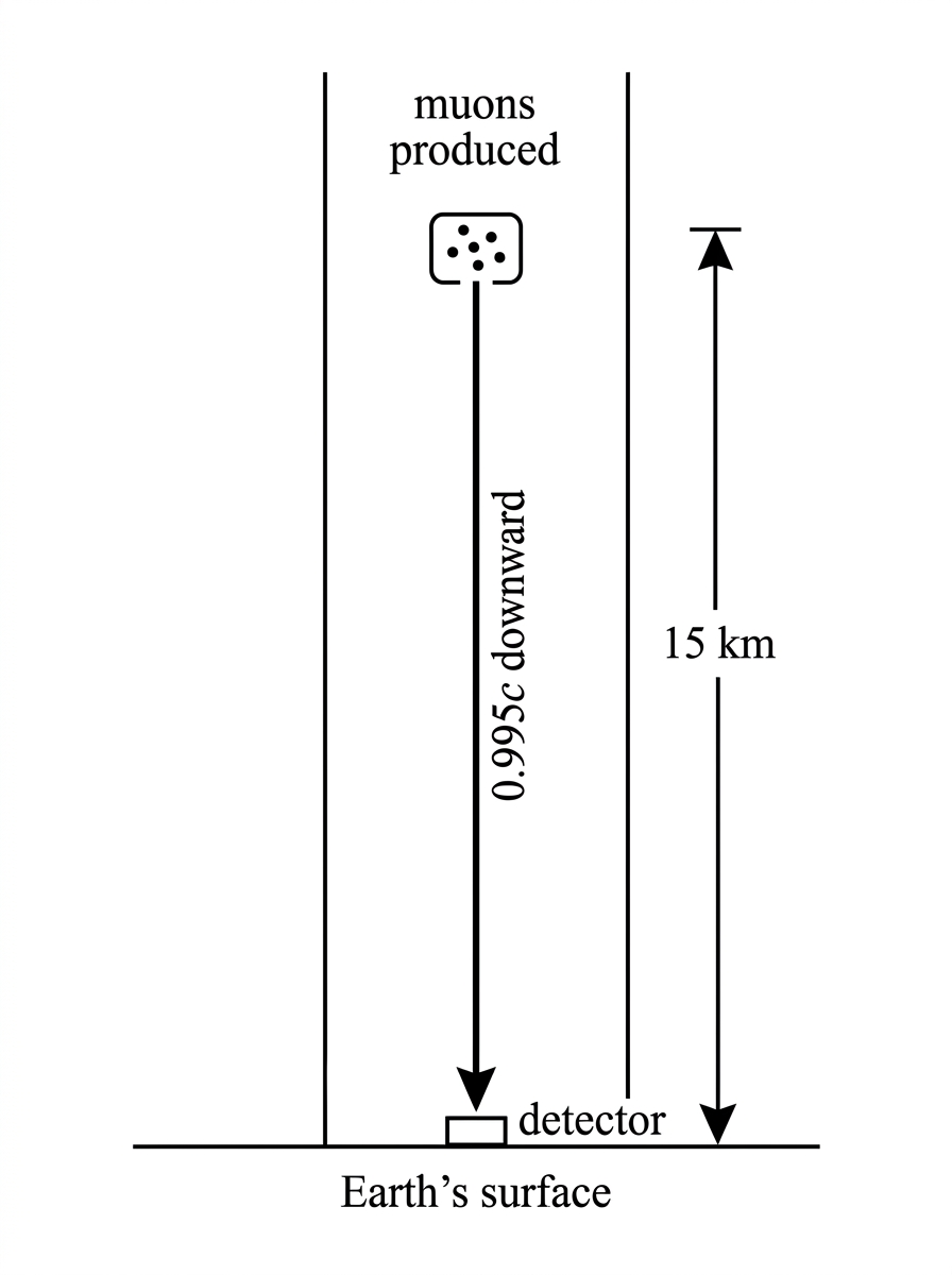 A vertical atmospheric diagram showing muons produced high in the atmosphere and travelling down toward a detector at Earth's surface. The altitude is labelled 15 km and the muon speed is labelled 0.995c downward. The detector is shown at ground level. No survival calculation is shown.