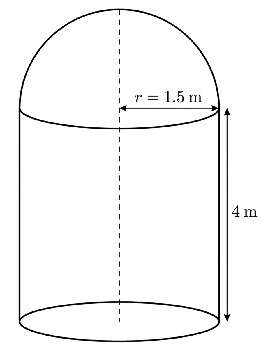 A vertical cylinder with a hemispherical roof. The common circular join is internal, and the radius and perpendicular cylindrical height are labelled.