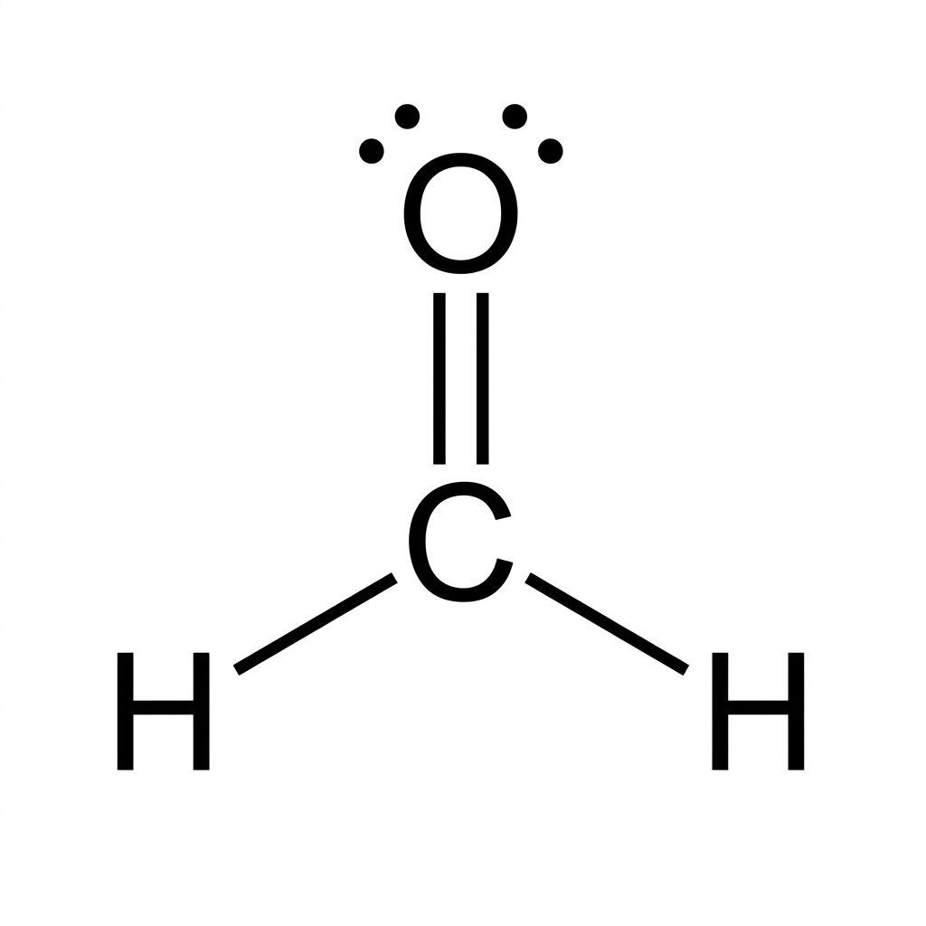 A displayed Lewis formula for methanal showing carbon as the central atom, single bonds from carbon to two hydrogen atoms, a double bond from carbon to oxygen, and two lone pairs on oxygen. The diagram must not include bond angles, molecular geometry labels or dipole arrows.
