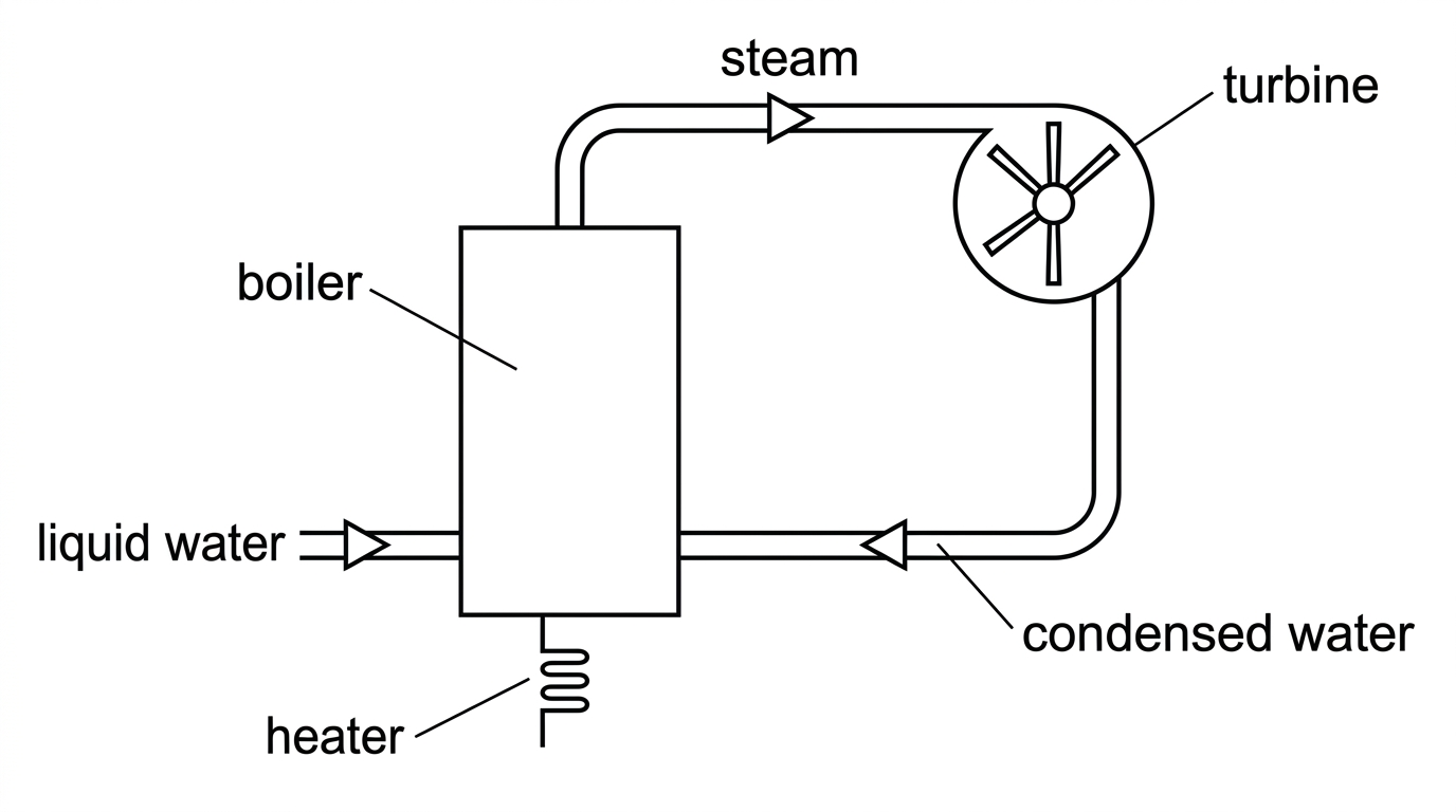 Simplified power-station boiler diagram showing liquid water entering a heated boiler, steam leaving to a turbine, and condensed water returning; labels for heater, boiler and turbine.