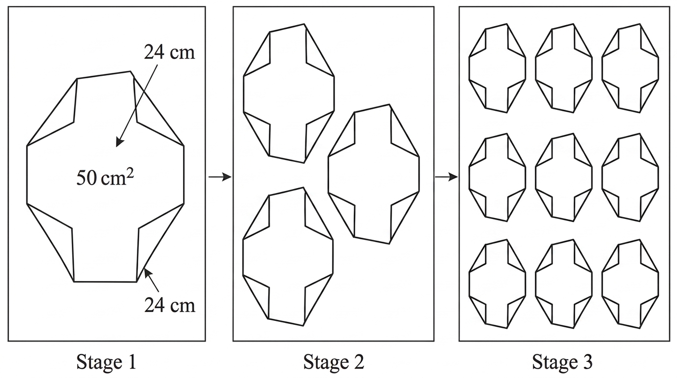 Several stages of a self-similar artwork, showing the number of pieces increasing while each individual piece becomes smaller. In the Stage 1 panel, show one clearly placed annotation reading "total new boundary length = 24 cm", with a brace or arrow indicating the entire boundary. Do not show duplicate 24 cm labels.