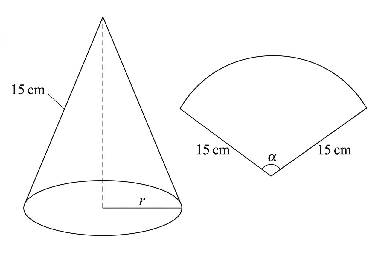 A right circular cone with slant height labelled. Beside it is the net of the curved surface as a sector of a circle, with sector radius equal to the slant height and central angle labelled.