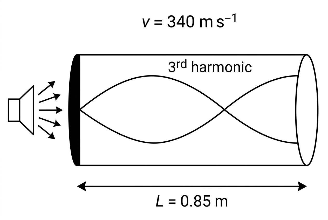 An annotated diagram of a horizontal pipe closed at the left end and open at the right end. A displacement standing-wave amplitude curve is drawn inside the pipe for a higher allowed mode, showing a displacement node at the closed end and a displacement antinode at the open end. The pipe length L is labelled. The curve indicates that several quarter-wavelength sections fit into the length without giving the formula.