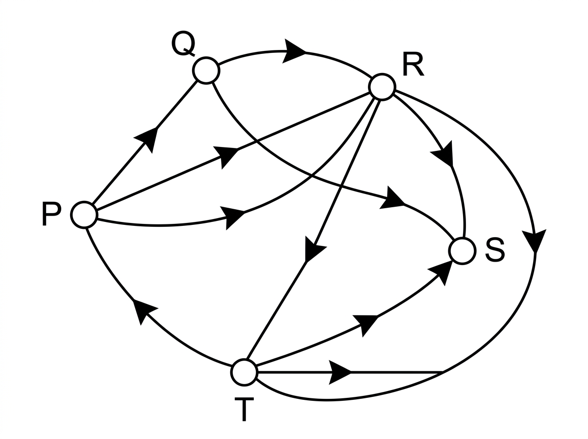 A directed network diagram showing the five labelled servers $P,Q,R,S,T$ and exactly these nine one-way data links, with arrowheads clearly visible: $P\to Q$, $P\to R$, $Q\to R$, $Q\to S$, $R\to P$, $R\to T$, $S\to T$, $T\to P$, and $T\to S$. No other directed edges are present.