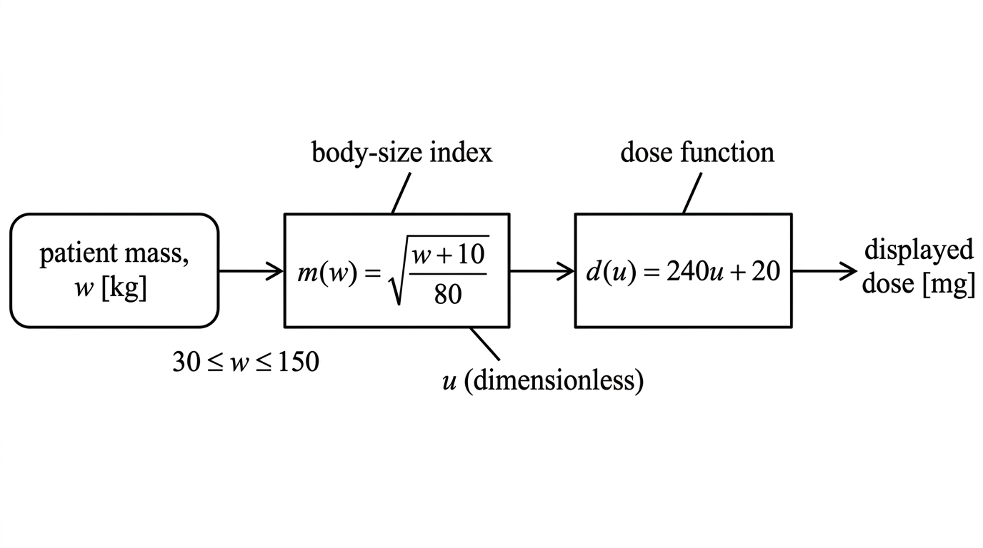 A medical dosing flowchart showing patient mass entering the body-size index function and then the dose function, with units at each stage.