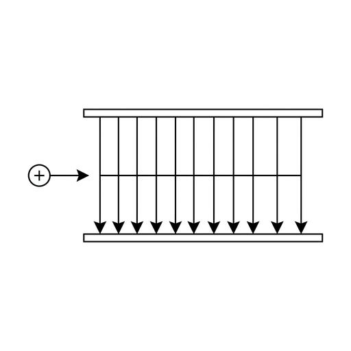 A small option diagram showing two parallel horizontal plates, a positive ion entering from the left midway between them with a horizontal velocity arrow, and a straight horizontal track through the centre of the plates. The electric field direction is indicated by several downward arrows between the plates.