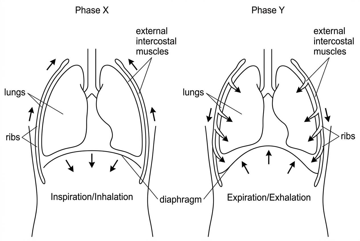 Two side-by-side outline diagrams of the human thorax labelled Phase X and Phase Y. Show lungs, ribs, diaphragm and arrows for rib movement and diaphragm movement. In Phase X the diaphragm is flatter and ribs are raised; in Phase Y the diaphragm is domed and ribs are lowered. Do not label phases as inspiration or expiration.