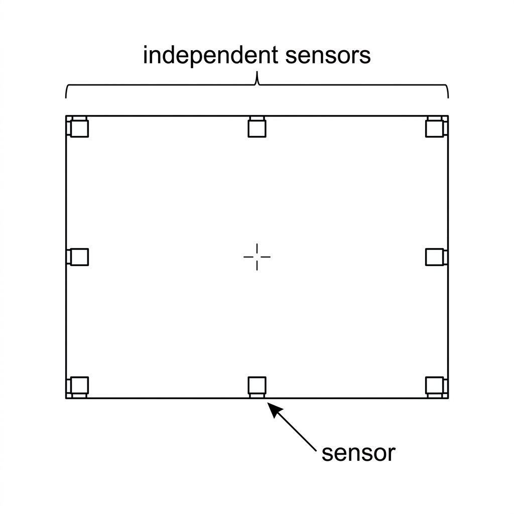 A schematic diagram of a room with several identical sensors positioned around it. Each sensor has the same detection probability and sensors are labelled as acting independently.