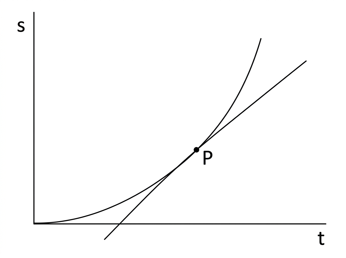 A displacement-time graph on a white background. The horizontal axis is labelled $t$ and the vertical axis is labelled $s$. A smooth curve rises from the origin with increasing gradient. A point on the curve is labelled $P$, and a straight tangent line is drawn through $P$. No numerical scale is shown.
