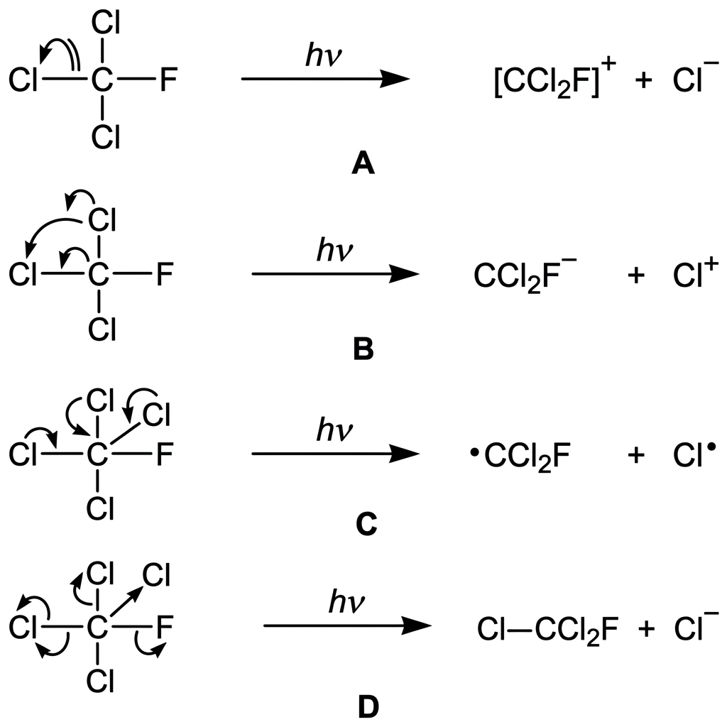 An annotated stimulus with four small mechanism diagrams labelled A to D for cleavage of a carbon-chlorine bond in a chlorofluorocarbon. The alternatives should differ in use of single-barbed fish-hook arrows versus double-barbed arrows, arrow tails starting at the bond or atom, and products shown as radicals or ions. One option should correctly show homolytic fission with two fish-hook arrows from the bond to the two atoms.