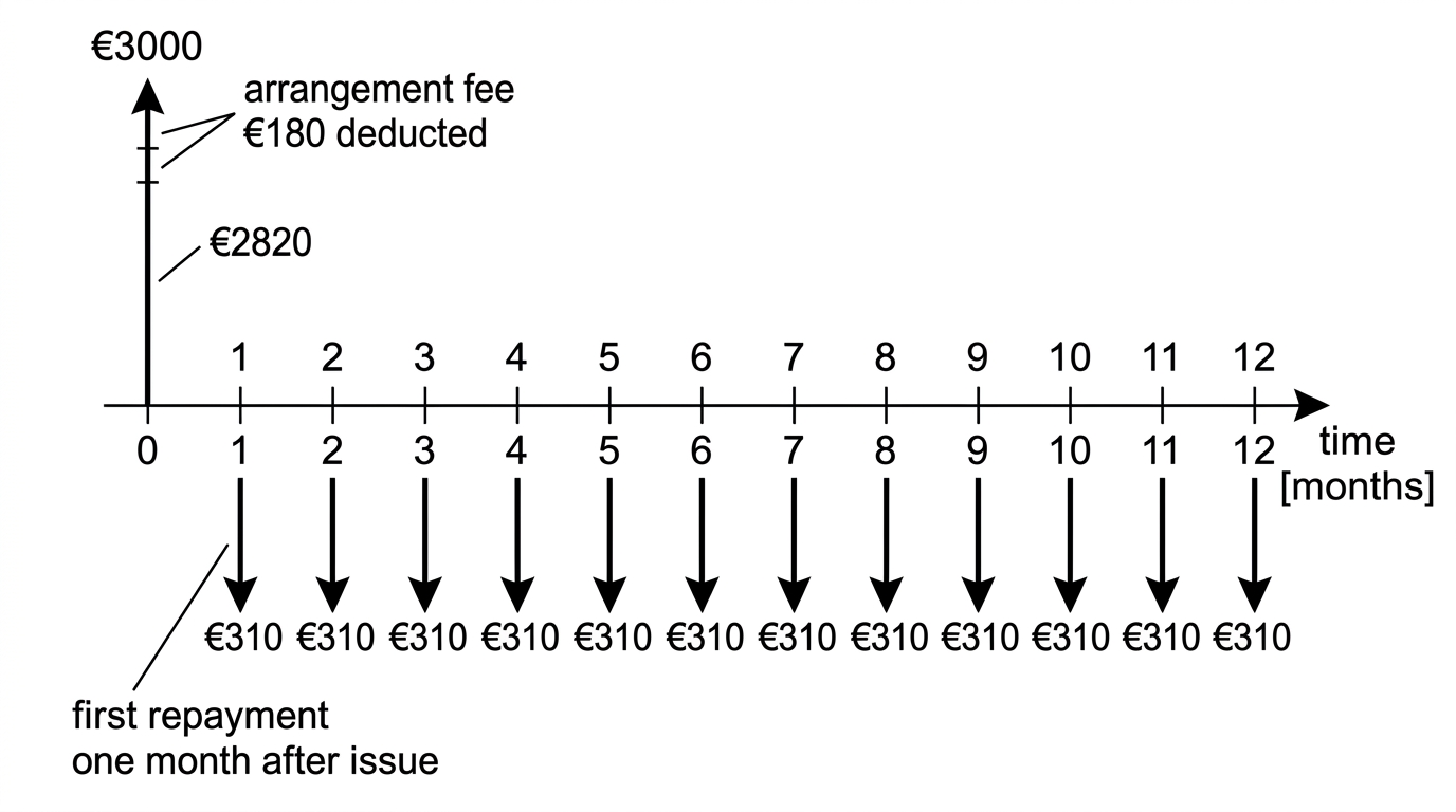 A cash-flow timeline showing a gross loan amount of €3000 at time zero, an arrangement fee of €180 deducted at time zero, and a time-zero cash flow labelled only “net amount received” (do not display the computed value €2820). Show twelve equal €310 repayments at the ends of months 1 through 12.