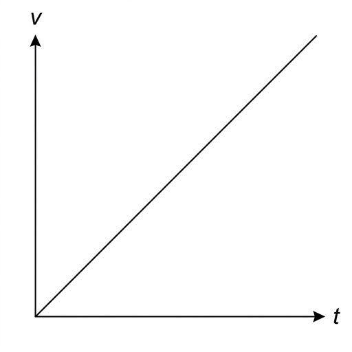 A speed-time graph with axes labelled $v$ and $t$. The plotted line is a straight line from the origin with constant positive gradient, continuing upward without levelling off.