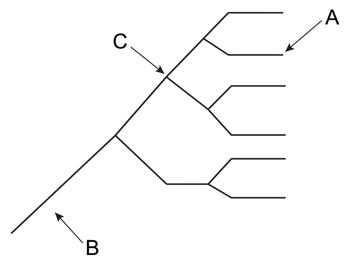A labelled generic cladogram with arrows to one terminal branch, the basal root and an internal node; labels are letters only, so students identify the features from the diagram.