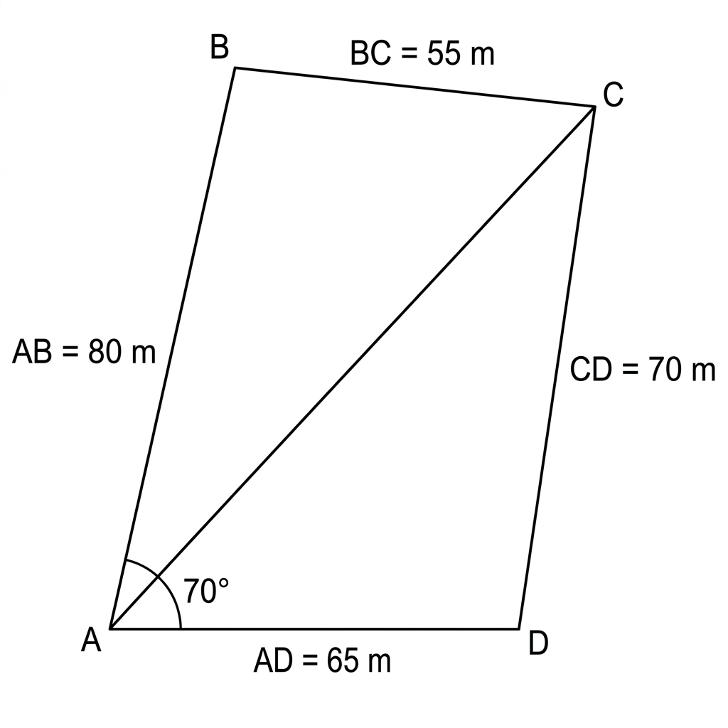 A labelled quadrilateral ABCD with diagonal BD shown. The sides AB, BC, CD and AD are labelled with their lengths. The angle BAD is marked as 70 degrees.