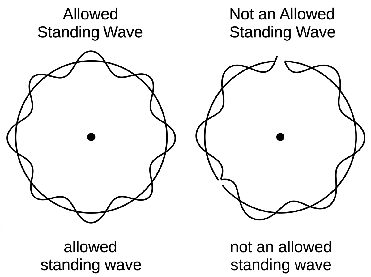 Two circular orbit sketches for an electron wave around a nucleus. One circle shows a wave pattern joining smoothly after one circumference, labelled allowed standing wave. The other shows a wave pattern that does not join smoothly, labelled not an allowed standing wave. No numerical wavelengths or radii are shown.