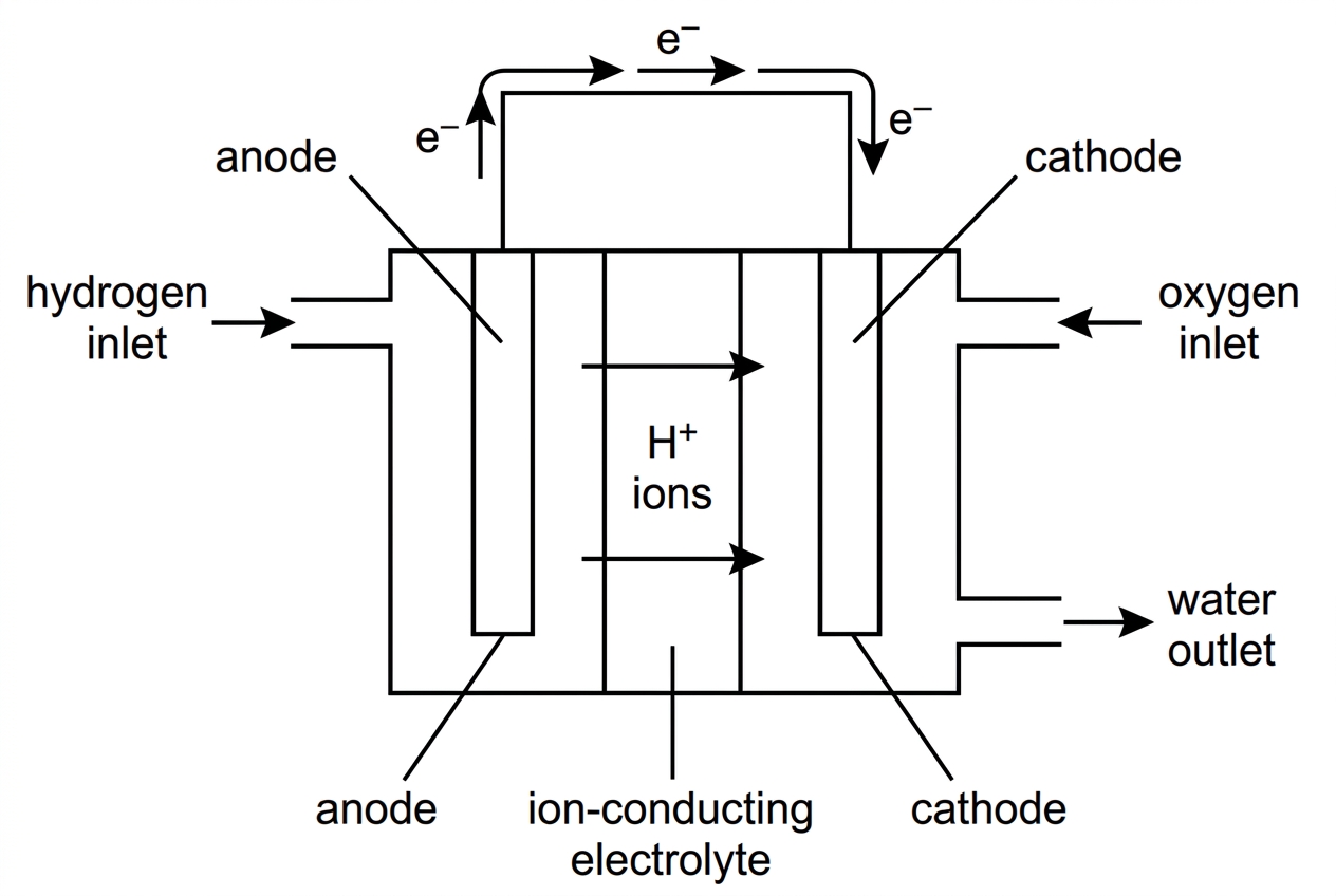 Annotated diagram of an acidic hydrogen fuel cell with labelled anode, cathode, hydrogen inlet, oxygen inlet, water outlet, external wire showing electron flow, and an ion-conducting electrolyte allowing hydrogen ions to move.