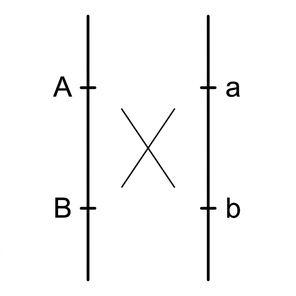 Pair of vertical homologous chromosome lines with two loci marked on each line; alleles arranged as AB on one homologue and ab on the other, with a possible crossover between loci indicated but not quantified.