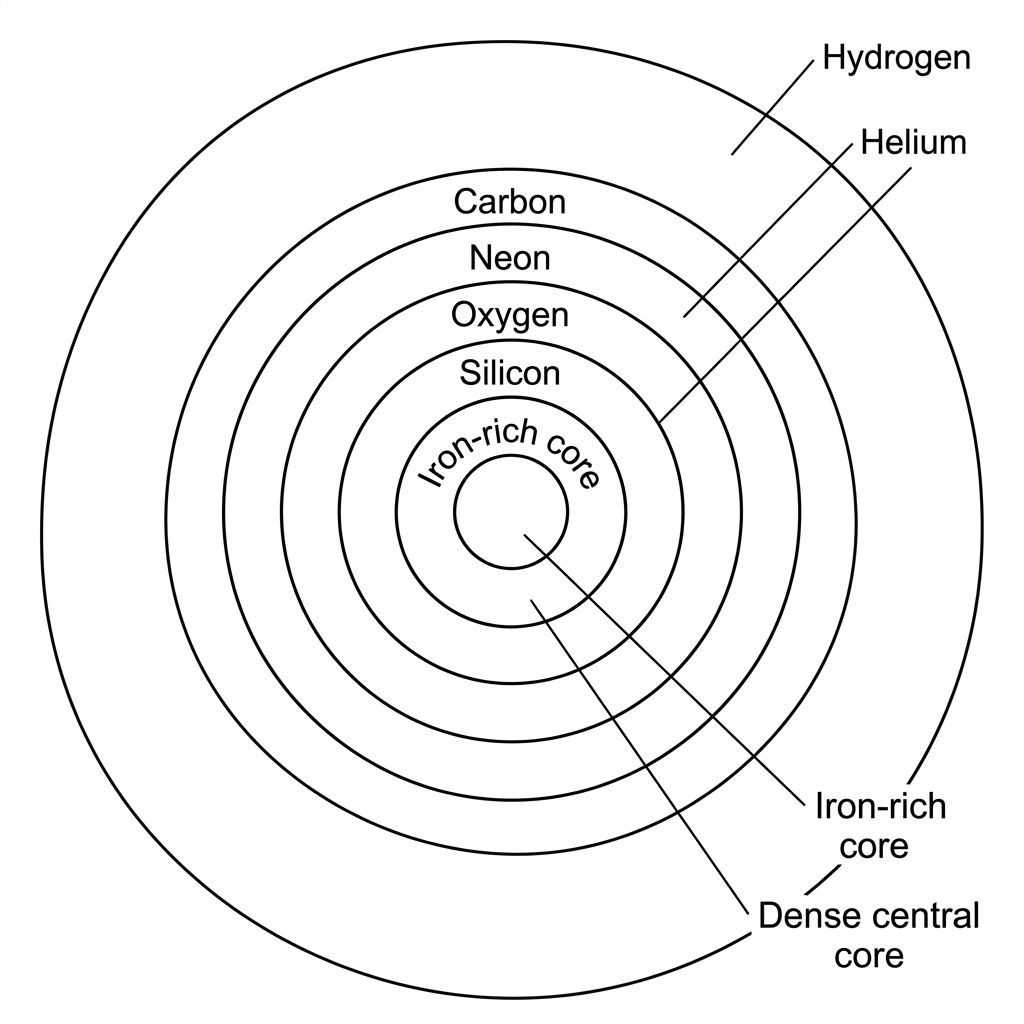 A simplified cross-section of a high-mass evolved star showing an onion-like shell structure. Lighter-element fusion shells are on the outside and heavier-element regions are nearer the core. The innermost core is labelled only as a dense central core, without showing the final remnant.