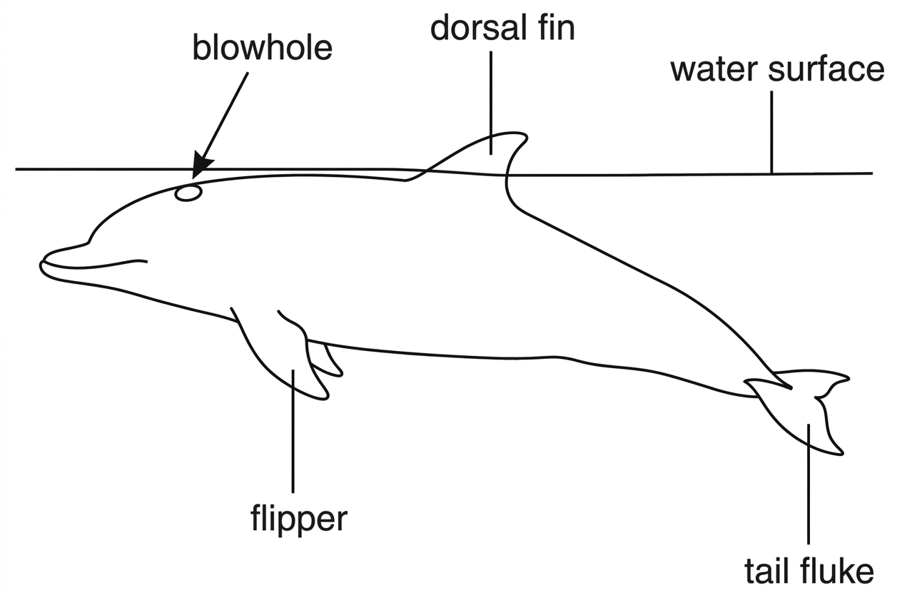 A side-view biological drawing of a dolphin at the water surface. The body should be smooth and tapered, with forelimbs modified into flippers, a dorsal fin, a horizontal tail fluke and a blowhole on top of the head above the water line. The drawing should not include labels explaining the functions of these structures.