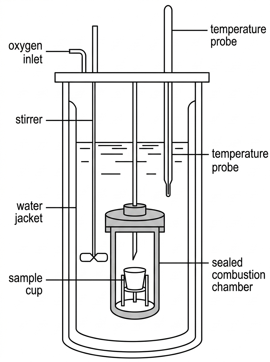 Simplified labelled bomb calorimeter with sealed combustion chamber, oxygen inlet, surrounding water jacket, stirrer and temperature probe.