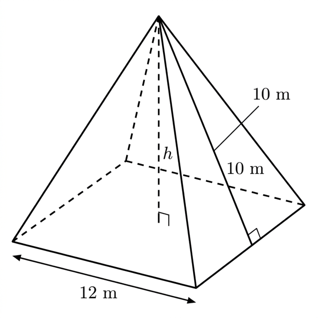 A right square-based pyramid showing the base side, apex, vertical height, and the perpendicular slant height of a triangular face. Label only the perpendicular face slant height as $10\ \text{m}$; leave all sloping edges unlabeled.