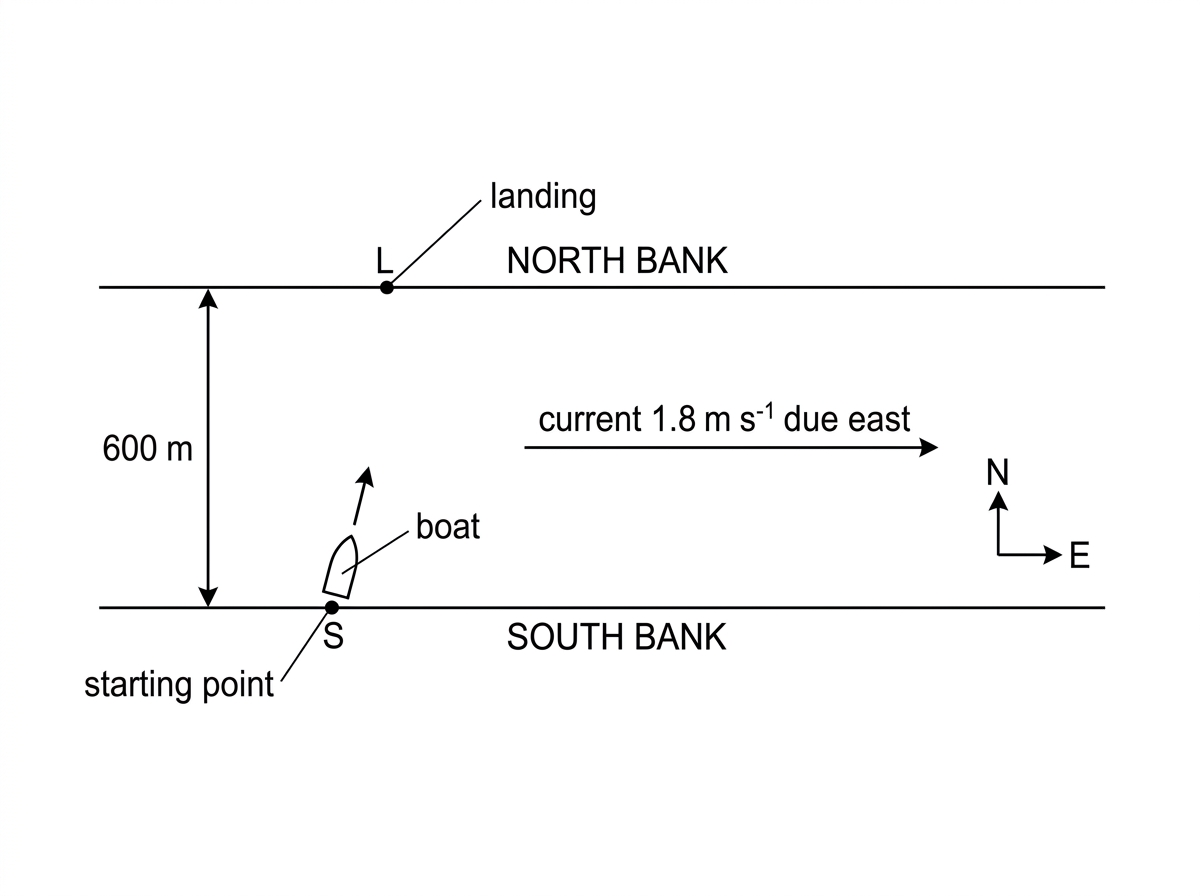 A schematic, not-to-scale plan view of a river with parallel north and south banks, with the starting point S and landing point L vertically aligned on opposite banks. Show an eastward current arrow and no boat-heading arrow, since the boat's heading is specified in the question parts.