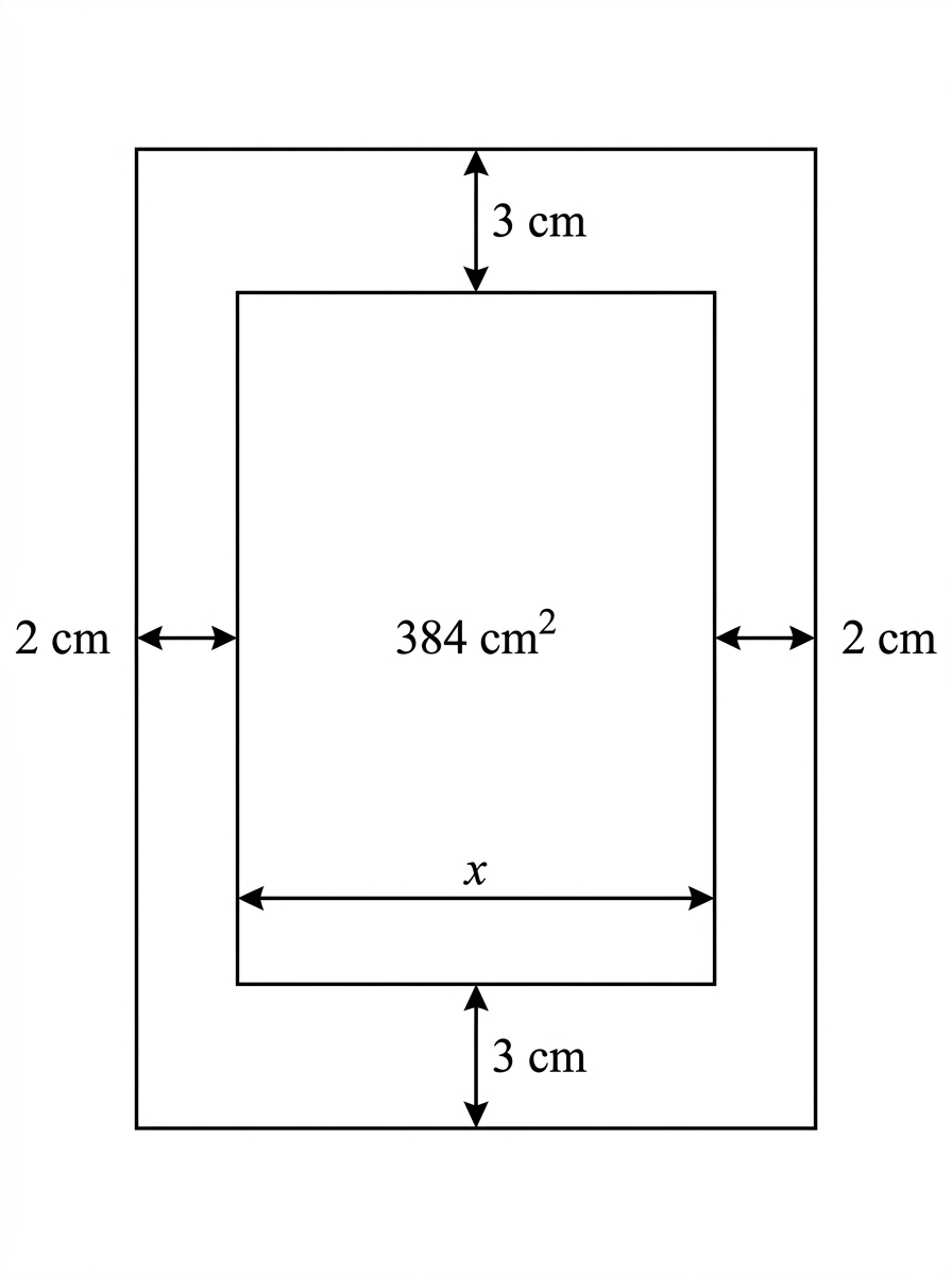 A rectangular page containing a smaller rectangular printed region. The printed width is labelled x, the two side margins are each 2 cm, and the top and bottom margins are each 3 cm.