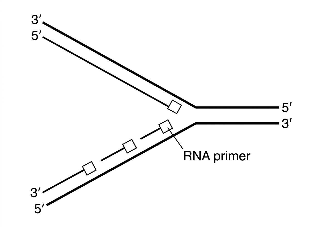 Y-shaped replication fork with parental strands labelled 5′ and 3′ at their ends, one continuous new strand extending toward the fork and several short new DNA segments extending away from the fork with small RNA primer blocks at their starts.