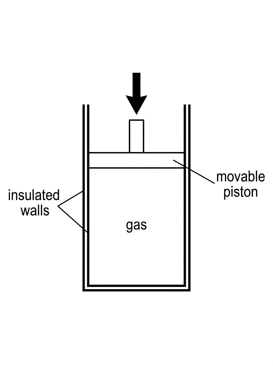 A labelled diagram of an insulated cylinder containing gas and a movable piston. The piston is shown being pushed inward so that the gas volume decreases. Labels indicate insulated walls, gas, and direction of piston motion.