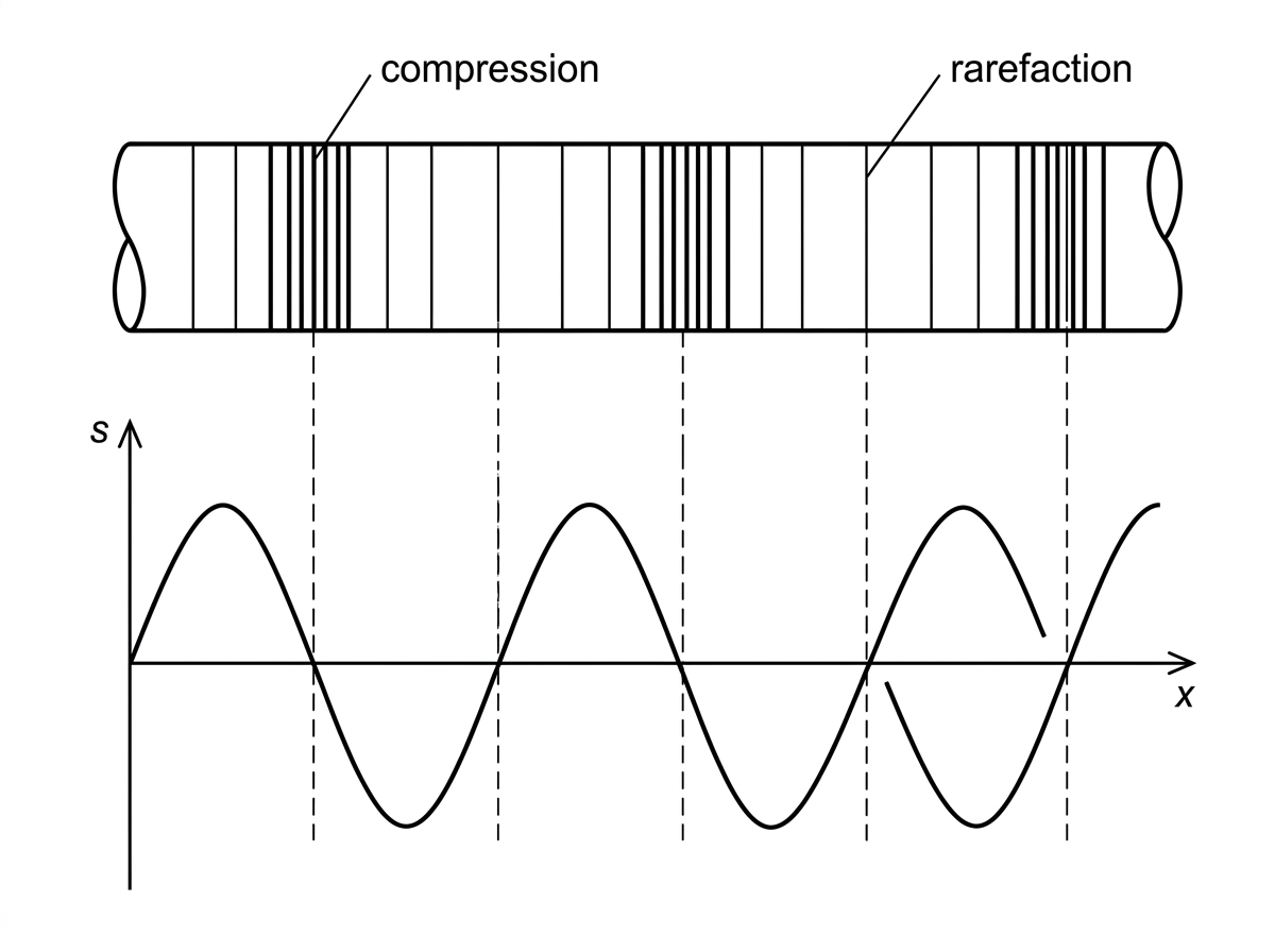 A longitudinal sound wave represented by alternating compressions and rarefactions along a horizontal tube, with a separate sinusoidal graph of particle displacement against position below it. The graph and tube are aligned so that the compressions and rarefactions correspond to the peaks and troughs of the displacement graph.