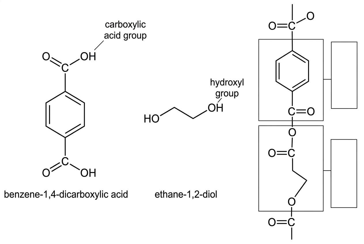 An annotated chemical-structure stimulus showing benzene-1,4-dicarboxylic acid with two carboxyl groups, ethane-1,2-diol with two hydroxyl groups, and an incomplete polyester chain section with boxes indicating where the repeating unit should be identified. Functional groups should be labelled but the completed repeating unit should not be shown.